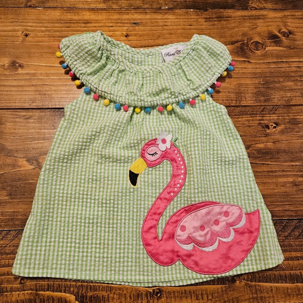 Rare Editions Girls Flamingo Dress‎ 2T Green Gingham Pom Pom Summer Top